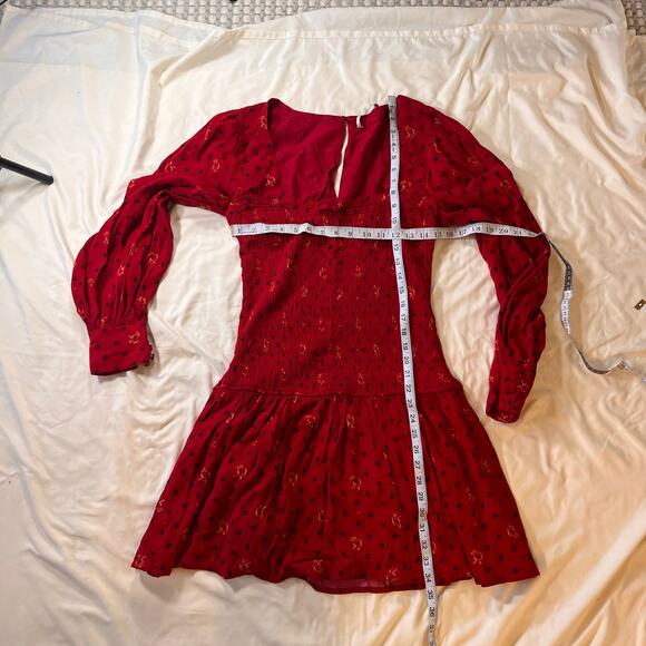 NWT Free People Red Floral Print Smocked Long Sleeve Mini Dress Sz M Cottagecore - Picture 12 of 12
